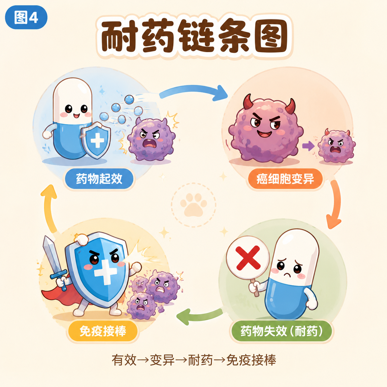 耐药链条：有效→变异→耐药→免疫接棒